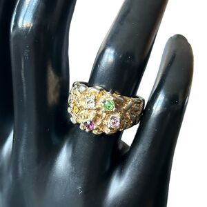 Modern Brutalist Gold Tone Ring Textured Abstract Size 7.5 Pink Green Orange